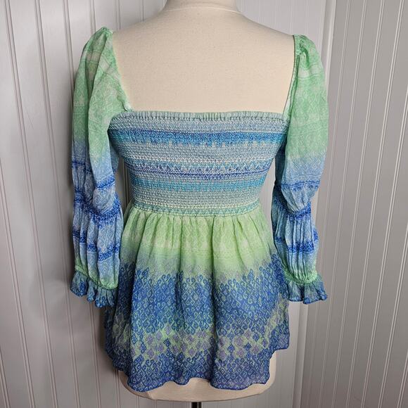 Hale Bob Women's Brittany Smocked Top Size Medium Smocked Vacation Green Blue - Picture 6 of 16